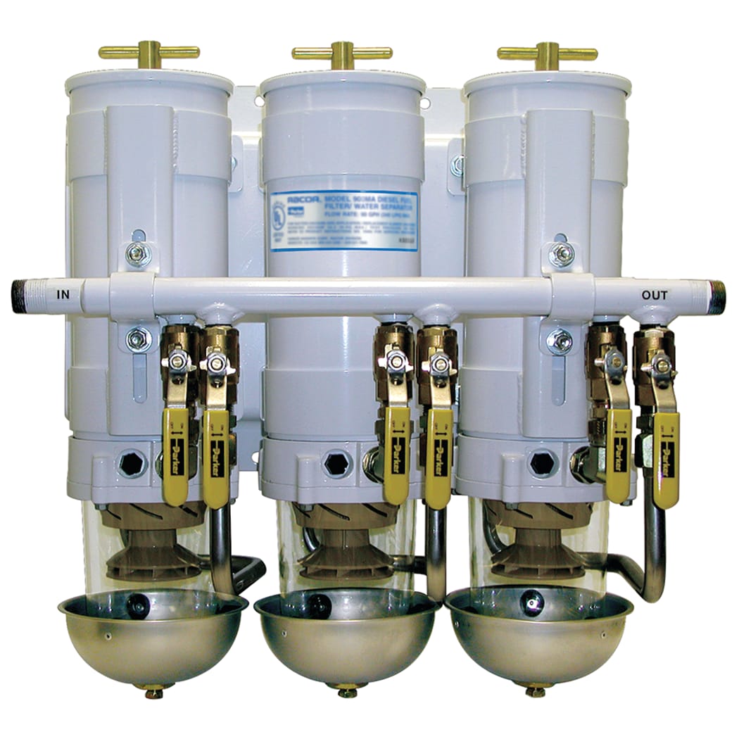 Racor triple manifold turbine diesel fuel filtration 30 micron system installed on a sportfishing yacht in Ventura serviced by 805 Marine Diesel Mechanic