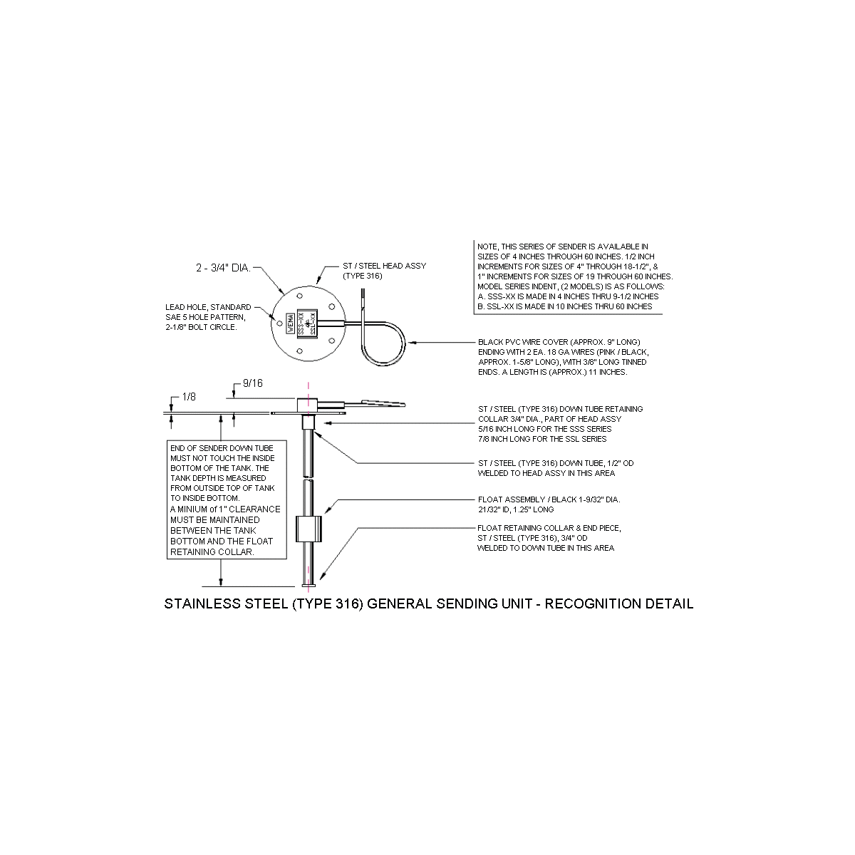 DIESEL FUEL TANK SENDER 14 INCH STAINLESS STEEL SAE 5 HOLE KUS WEMA 14" GAS Inboard Intake