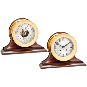 6" Brass Ship's Bell Clock & Barometer on Wood Bases - Matched Set