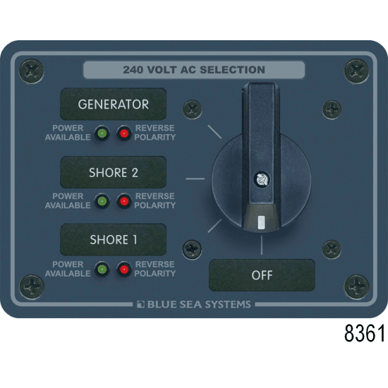 No. 9077 120/240V AC 3Source Selector Rotary Switch & Panels 65A Blue Sea Systems