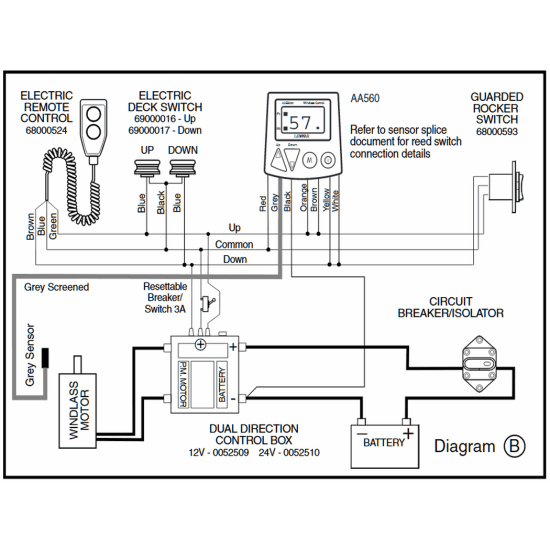 0052509 & 510 Wiring Diagram of Lewmar Windlass Contactor / Solenoids in Sealed Box - Dual Direction