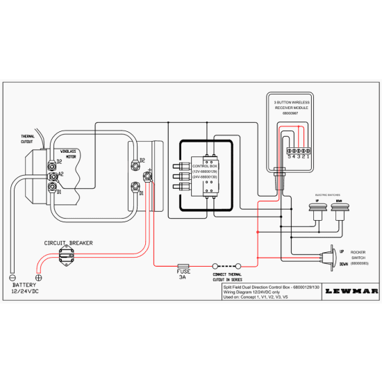 68000129 and 68000130 Wiring Diagram of Lewmar Windlass Contactor / Solenoids in Sealed Box - Dual Direction