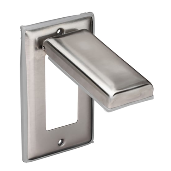 angle view of Marinco Stainless Steel Weatherproof GFCI Duplex Receptacle Cover with Lift Lid