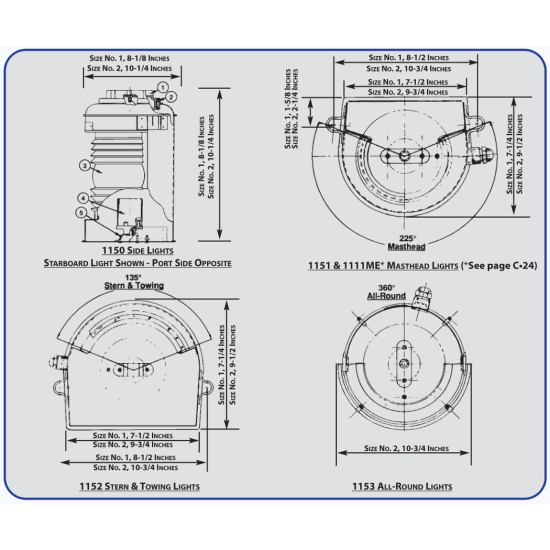 Dimension Diagrams of Perko Figs. 1150-54 - Galvanized Commercial Navigation Lights