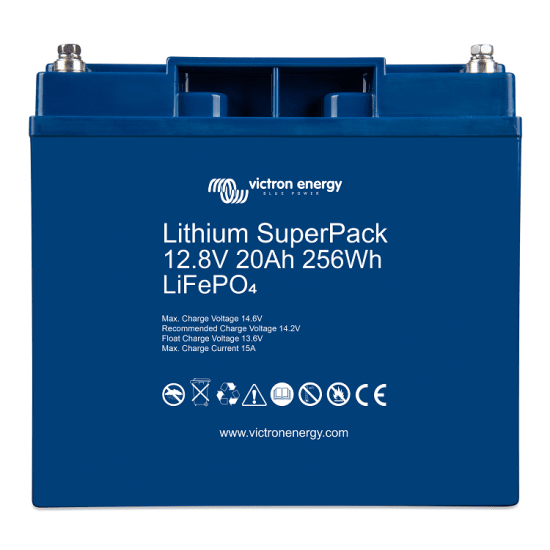 Front View of Victron Energy 12.8V Lithium SuperPack 20 Amp Batteries