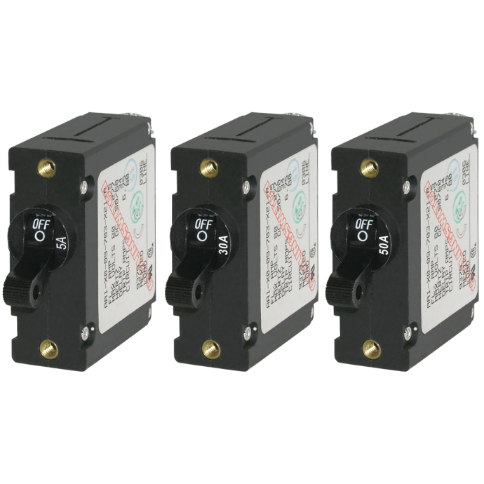 AC/DC AA1 Single Pole Circuit Breakers Black Toggle Blue Sea