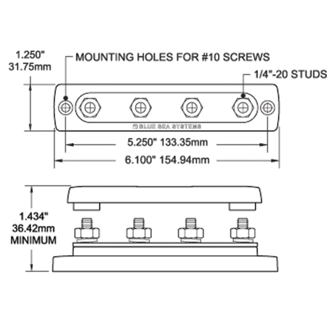 Dimensions of Blue Sea Systems Common 150A BusBar - Four 1/4"-20 Studs