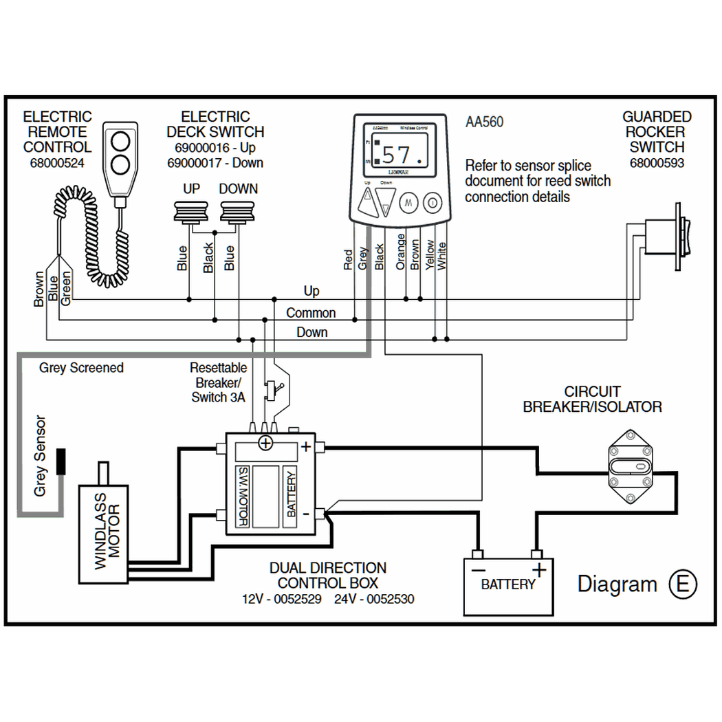 0052529 & 530 Wiring Diagram of Lewmar Windlass Contactor / Solenoids in Sealed Box - Dual Direction