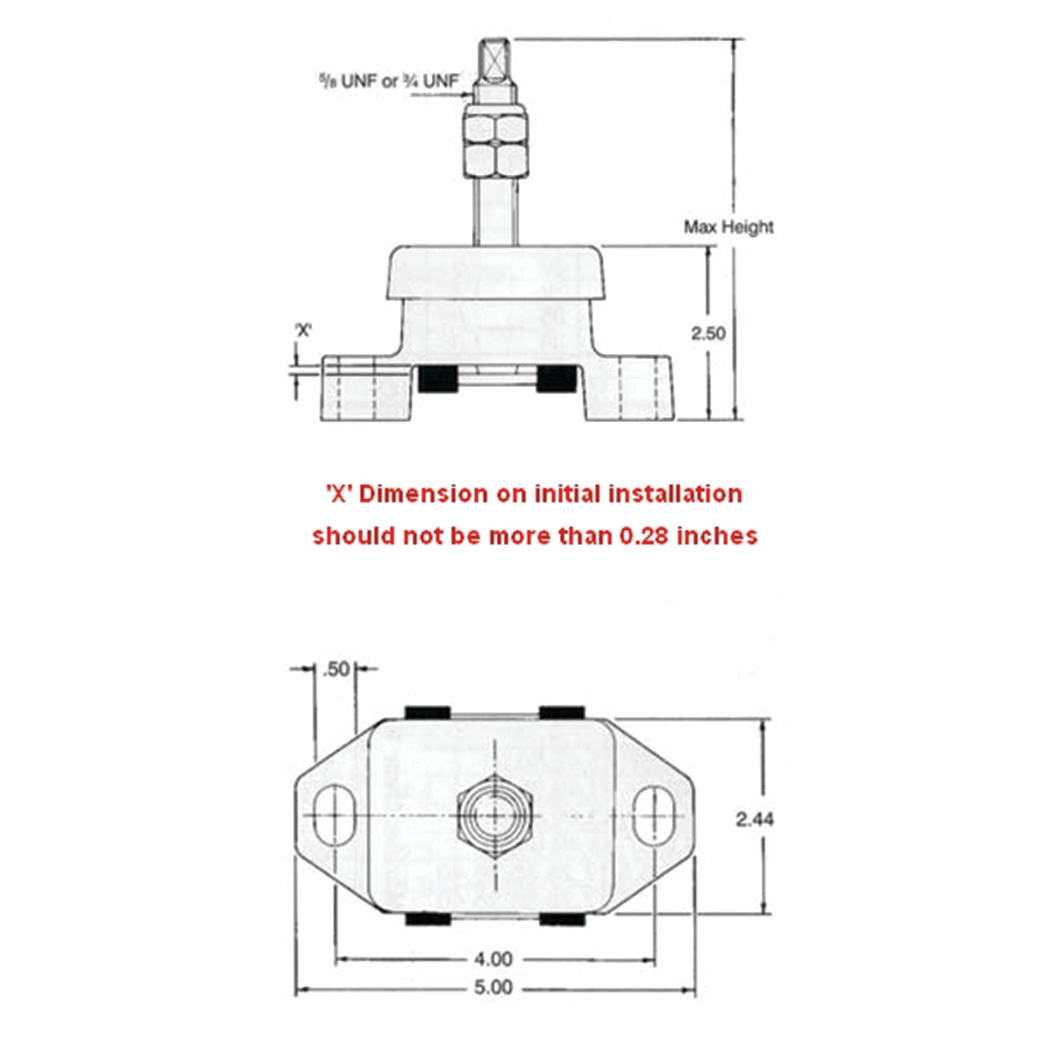 Dimensions of R and D Drivetrain 3/4" Stud Long Hole Engine Mount