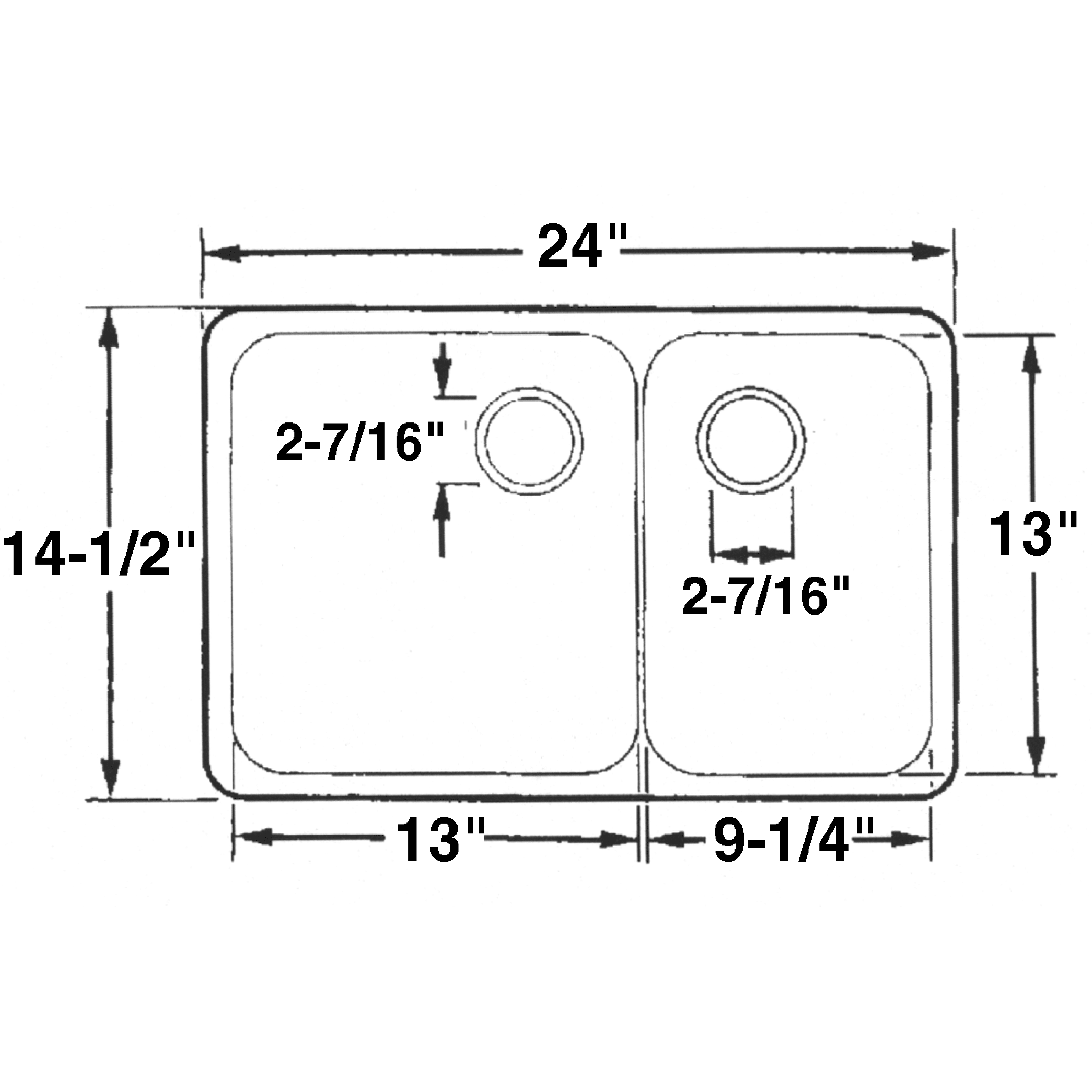 Rectangle Asymmetric Double Sink 24" Wide Satin SS Finish, No Studs