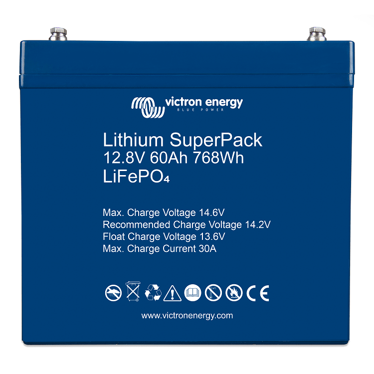 Front View of Victron Energy 12.8V Lithium SuperPack 60 Amp Batteries
