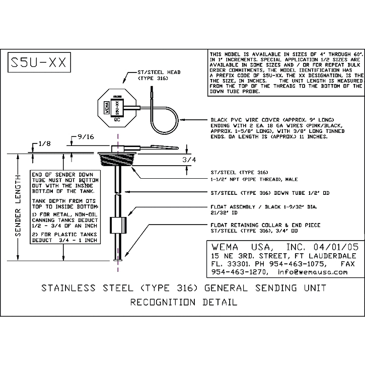 Dimensions of Wema-System S5U - Imperial NPT Threaded Fuel / Water Tank Sensors