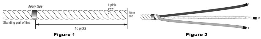 Figure 1 and 2 Prepare the 3-strand line for the rope to chain splice.