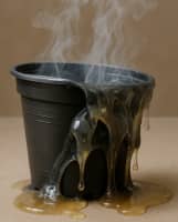 A plastic mixing container distorted and melted by the heat of an uncontrolled epoxy exothermic reaction