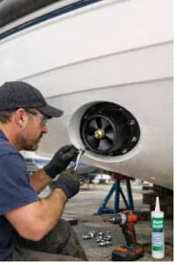 Marine technician meticulously fitting a stainless steel tunnel bow thruster into the reinforced fiberglass hull of a 38ft powerboat.