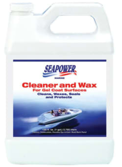 A bottle of one-step marine cleaner wax which combines light compounding and protection in a single application
