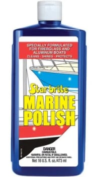 Marine-grade Star brite polish can be applied to a polishing pad for achieving a mirror-like finish on gelcoat