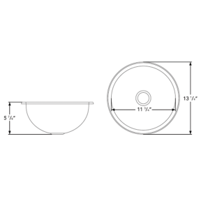 Dimensions of Ambassador Marine Round Sink 13-1/4" Wide - Mirror Stainless Steel Finish, Without Studs