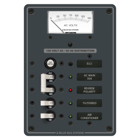 8102 of Blue Sea Systems ELCI Main 30A Circuit Breaker Panel - + 2 Circuit Positions and Voltmeter