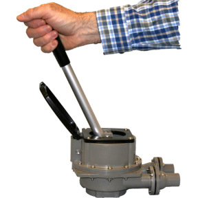 pumping action detail - push of Bosworth Guzzler 450 Series Thru-Deck Manual Pump - 1-1/8" Hose, Up to 10 GPM