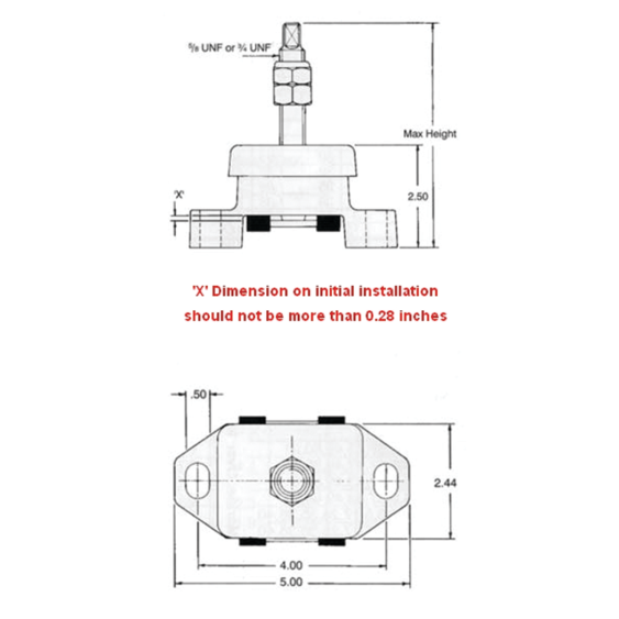 Dimensions of R and D Drivetrain 3/4" Stud Long Hole Engine Mount