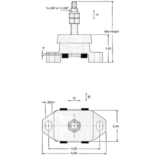 Dimensions of R and D Drivetrain 3/4" Stud Wide Hole Engine Mount - 4" Centers