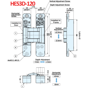 HES3D-120 Series 3-Way Adjustable Concealed Door Hinge