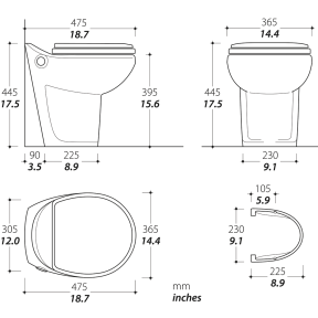 dimensions of Thetford EasyFit Premium Plus Electric Toilet - Tall Models