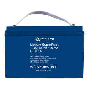 Front View of Victron Energy 12.8V Lithium SuperPack 100 Amp Batteries