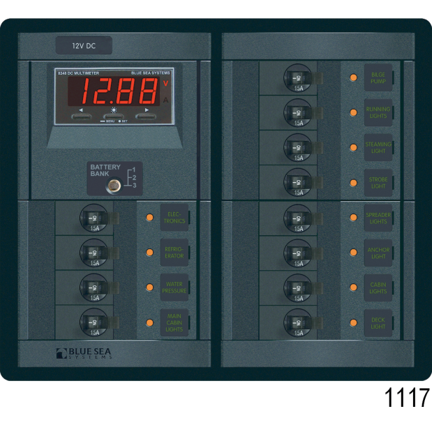 360 Panel System 120V AC Main /12V DC Circuit Breakers, AC 6 x 15A - DC 16 x 15A