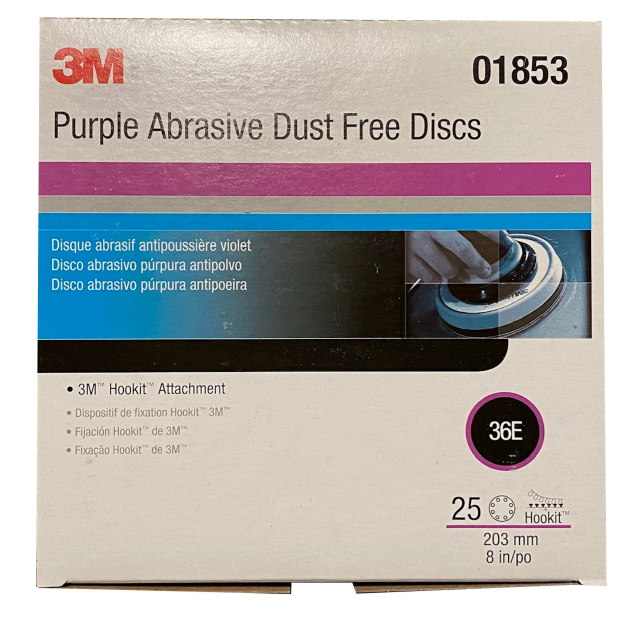 box of 3M Hookit Dust Free Original 3M 8 Hole Purple Discs
