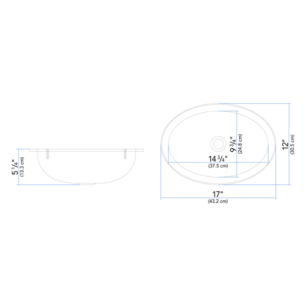Dimensions of Ambassador Marine Oval Sink 17" Wide - Brushed Stainless Steel Finish, With Mounting Studs
