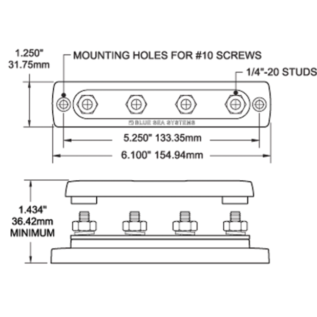 Dimensions of Blue Sea Systems Common 150A BusBar - Four 1/4"-20 Studs