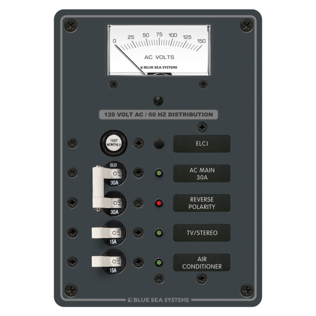 8102 of Blue Sea Systems ELCI Main 30A Circuit Breaker Panel - + 2 Circuit Positions and Voltmeter