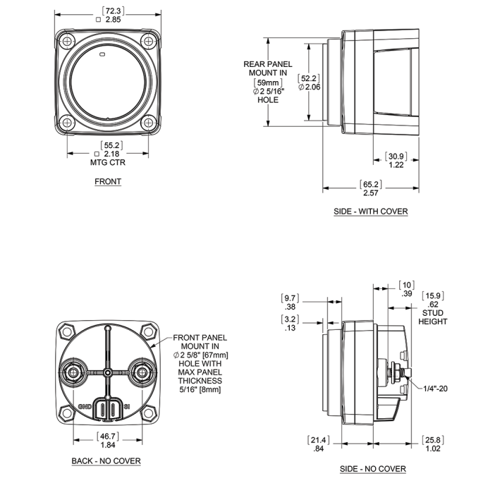 Dimensions of Blue Sea Systems 65A m-Series Mini Automatic Charging Relay