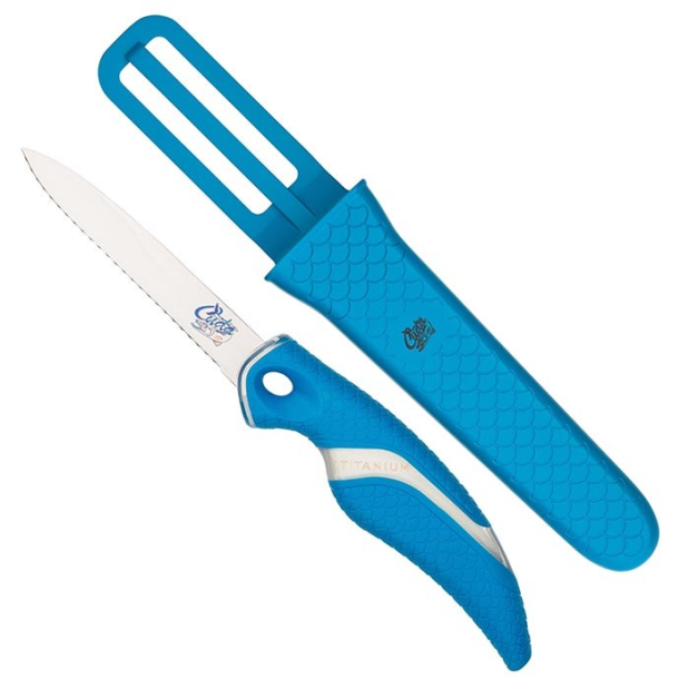 side view of Cuda 3" Titanium Bonded Net Knife with Sheath