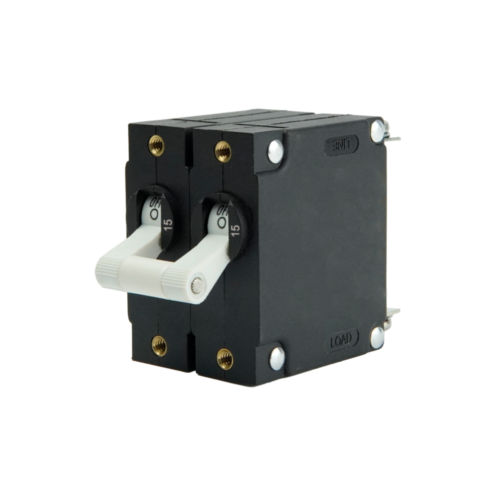 A-Ser 15A Dual Pole Circuit Breaker - White Toggle of Egis Mobile Electric A-Series Dual Pole Circuit Breakers - White Toggle