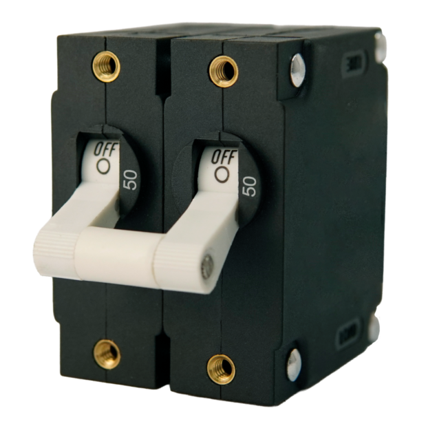 A-Ser 15A Dual Pole Circuit Breaker - White Toggle, 50A of Egis Mobile Electric A-Series Dual Pole Circuit Breakers - White Toggle