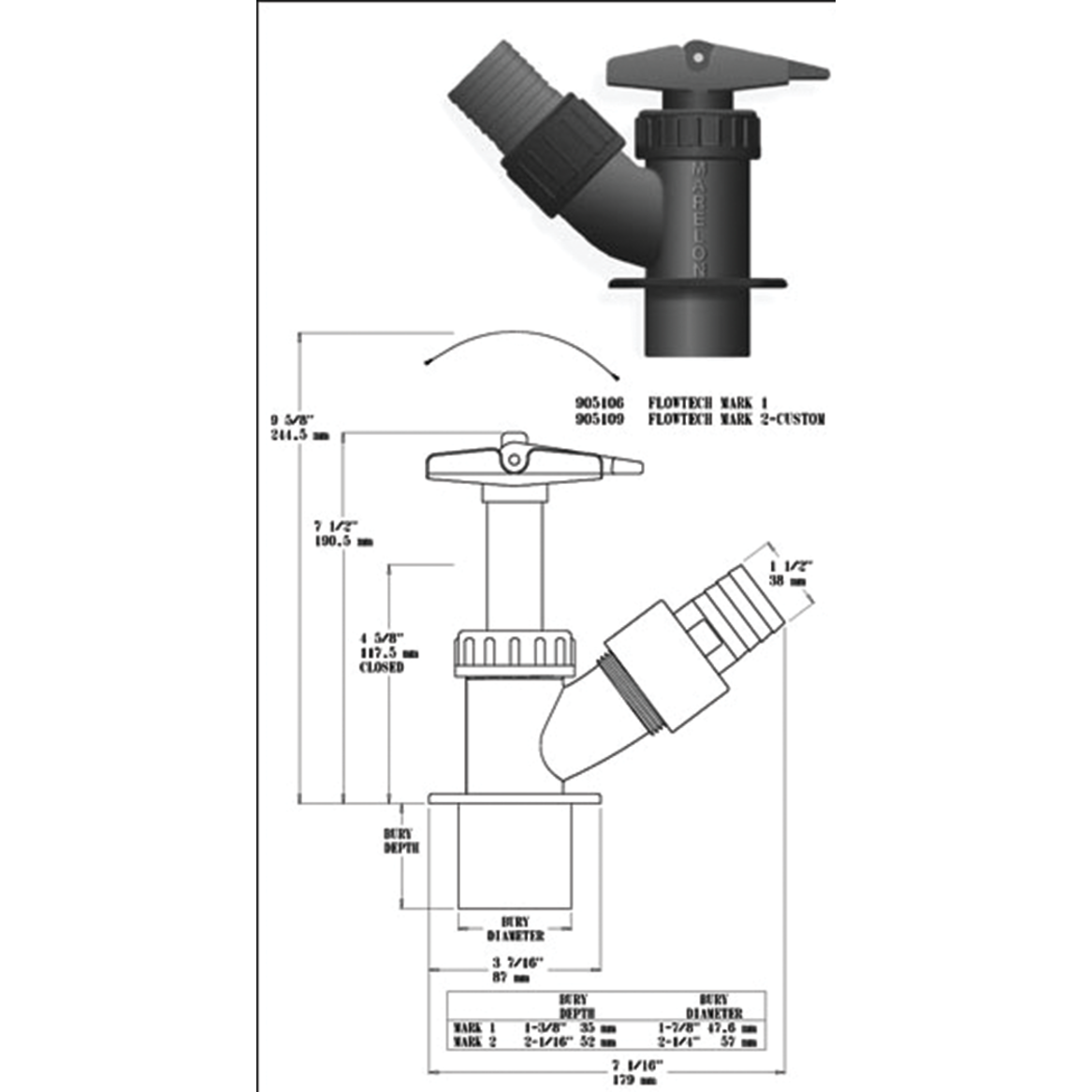Dimensions of Forespar Flowtech Full Flow Performance Seacock Valve Mk I - OEM