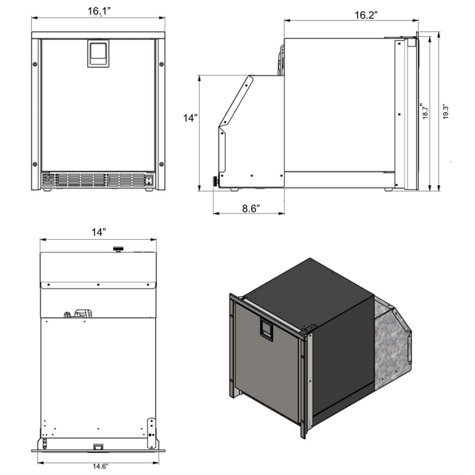White Ice Maker - Low Profile, Stainless Steel, AC Only, Flush Mount, Dimensions