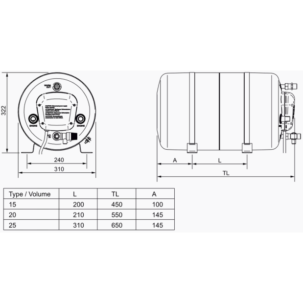 Dimensions of Isotherm Isotemp Spa 15, 20 and 25 Water Heaters