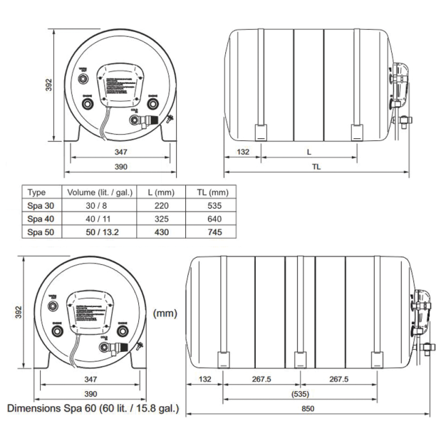 Dimensions of Isotherm Isotemp Spa 30 and 40 Water Heaters