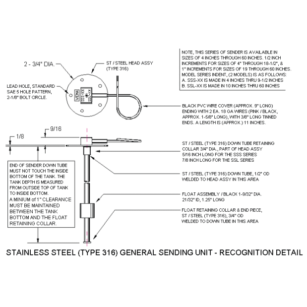 SSS / SSL - Flange Mounted Fuel / Water Tank Sensor