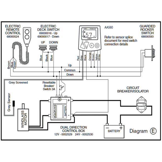 0052529 & 530 Wiring Diagram of Lewmar Windlass Contactor / Solenoids in Sealed Box - Dual Direction