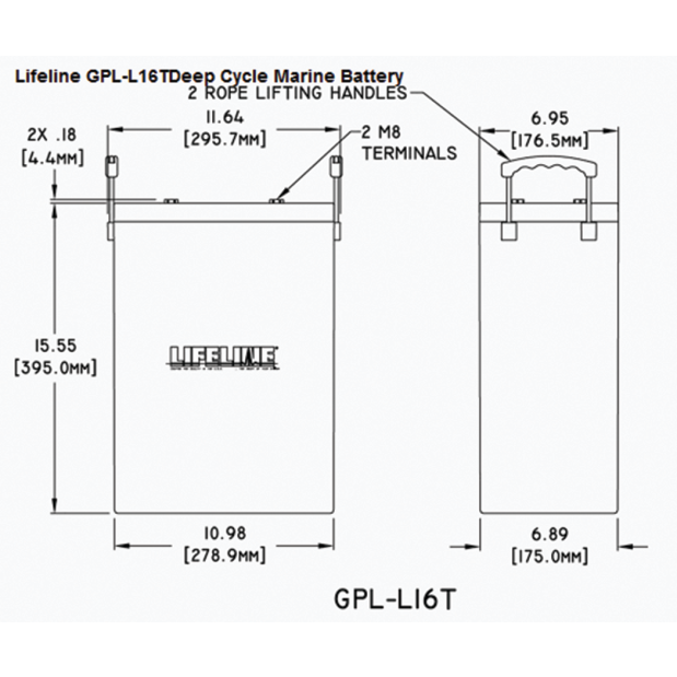 Dimensions of Lifeline 6V Group L16 AGM Deep Cycle Battery - 400 Ah