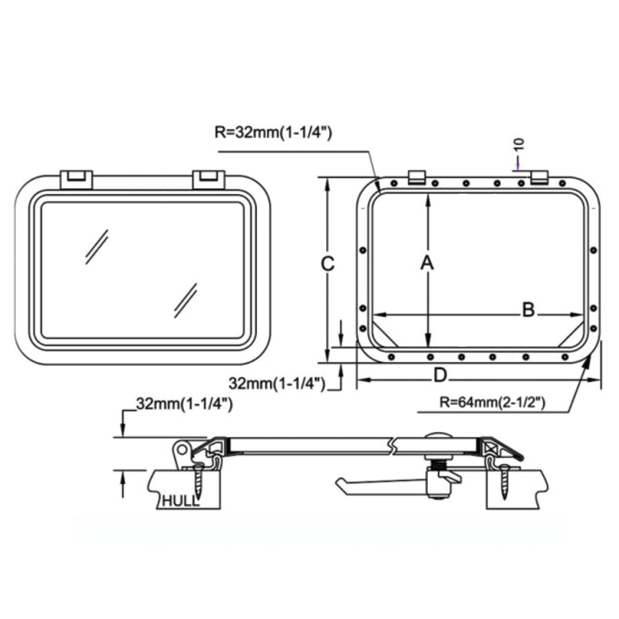Dimensions of Man Ship Marine SS Low Profile Deck Hatch - Inside Opening - Rectangular