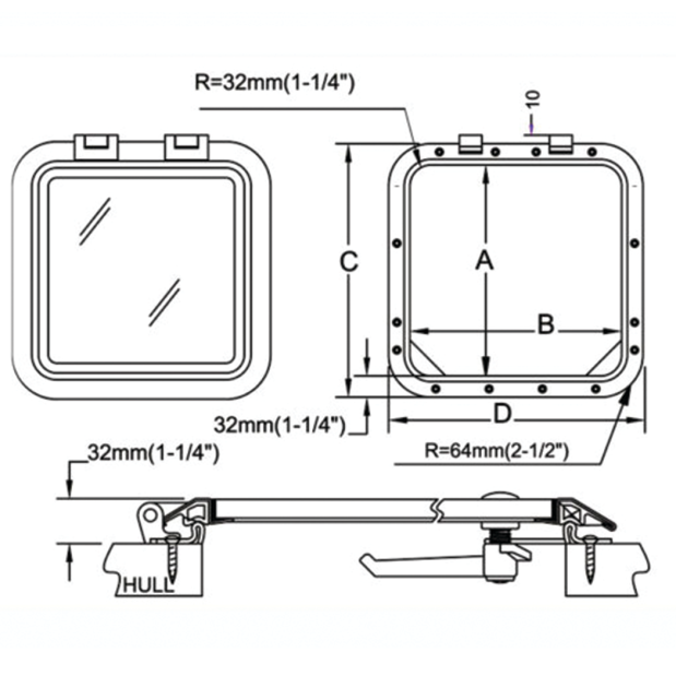 Dimensions of Man Ship Marine SS Low Profile Deck Hatch - Inside Opening - Square