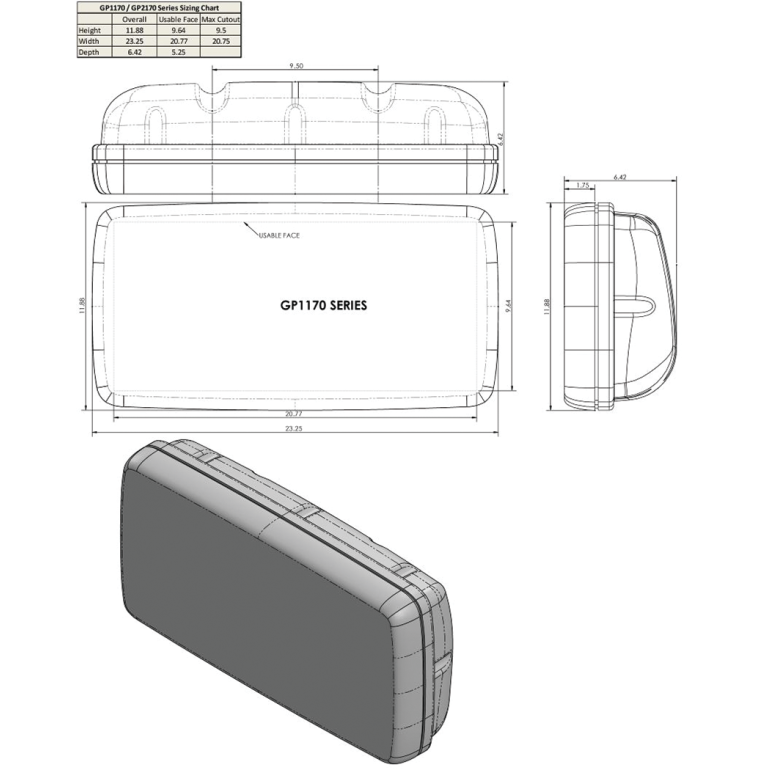 Dimensions of NavPod Gen3 SystemPod - Un-Cut for Custom Installations 20-3/4" x 9-5/8" Usable Face
