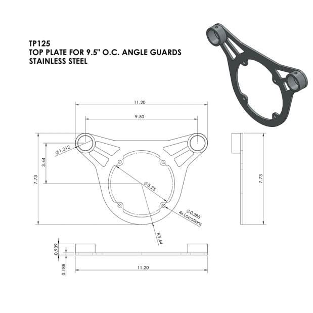 Dimensions of NavPod SS Top Plate for 9-1/2" AngleGuard w/ 1-1/4" Tubing - for Edson Pedestals