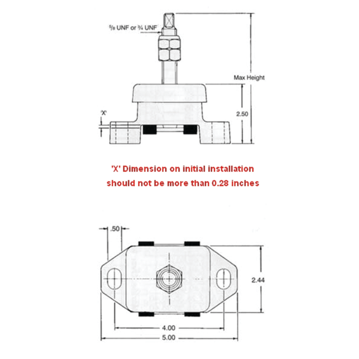 Dimensions of R and D Drivetrain 3/4" Stud Long Hole Engine Mount